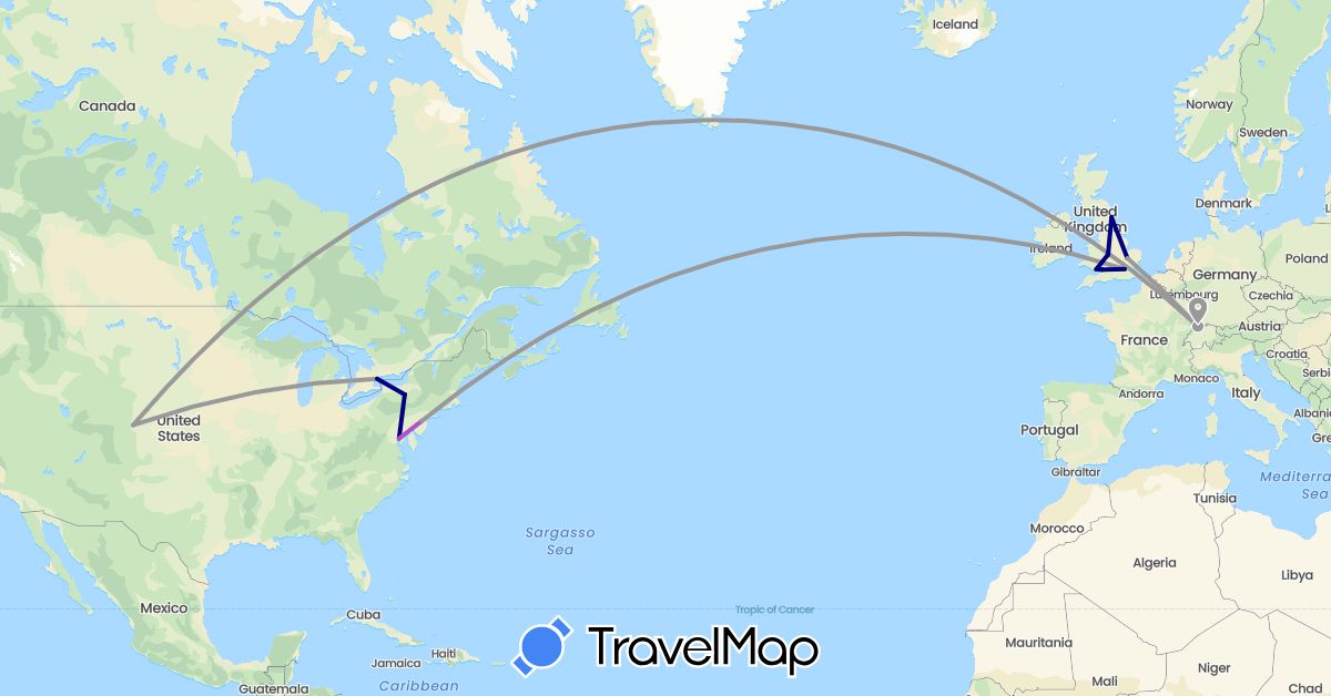 TravelMap itinerary: driving, plane, train in Canada, Switzerland, United Kingdom, United States (Europe, North America)
